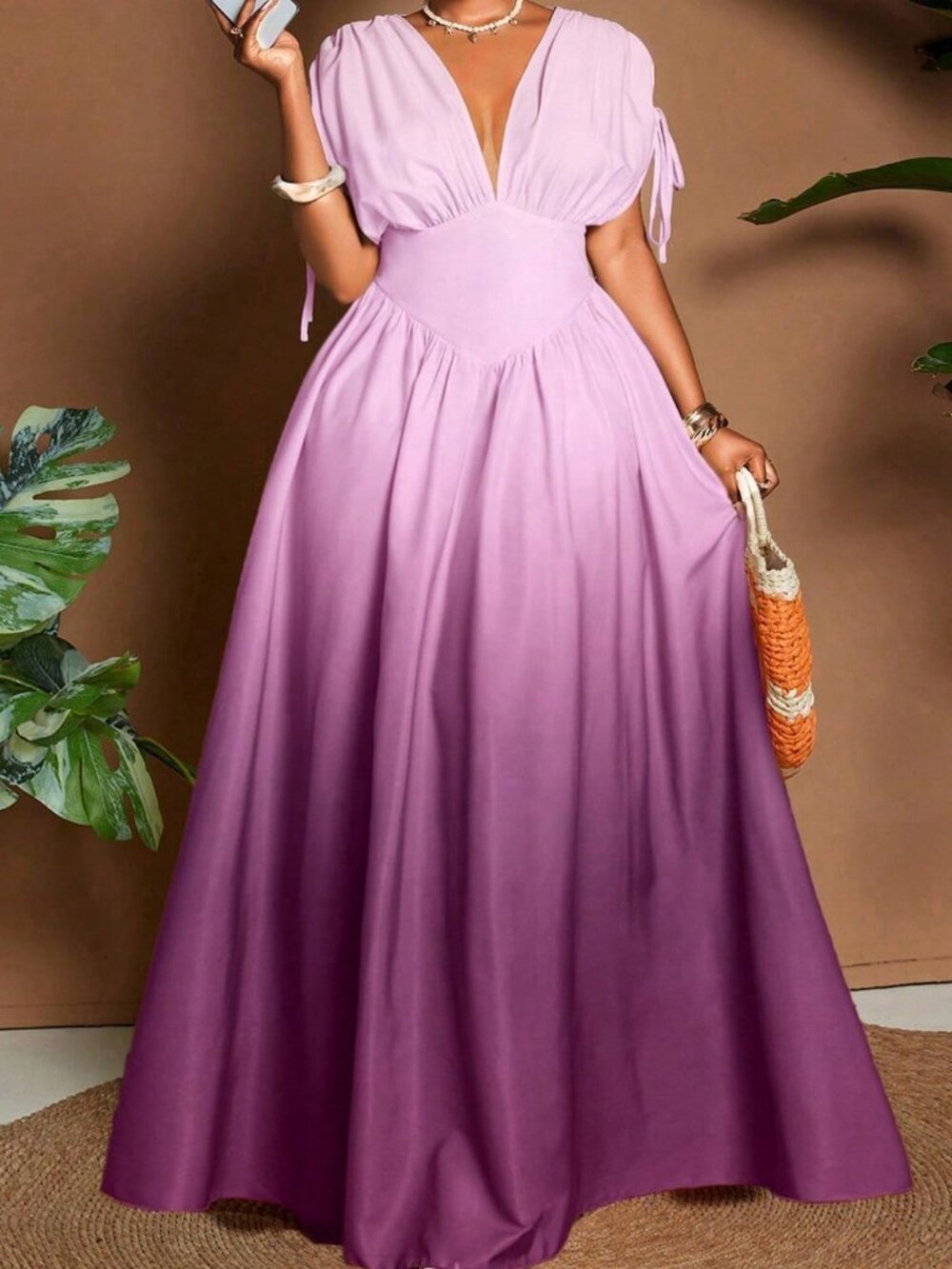 Multicolor Purple Women's Plus Size Ombre V-Neck A-Line Maxi Dress - Picture 5 of 7